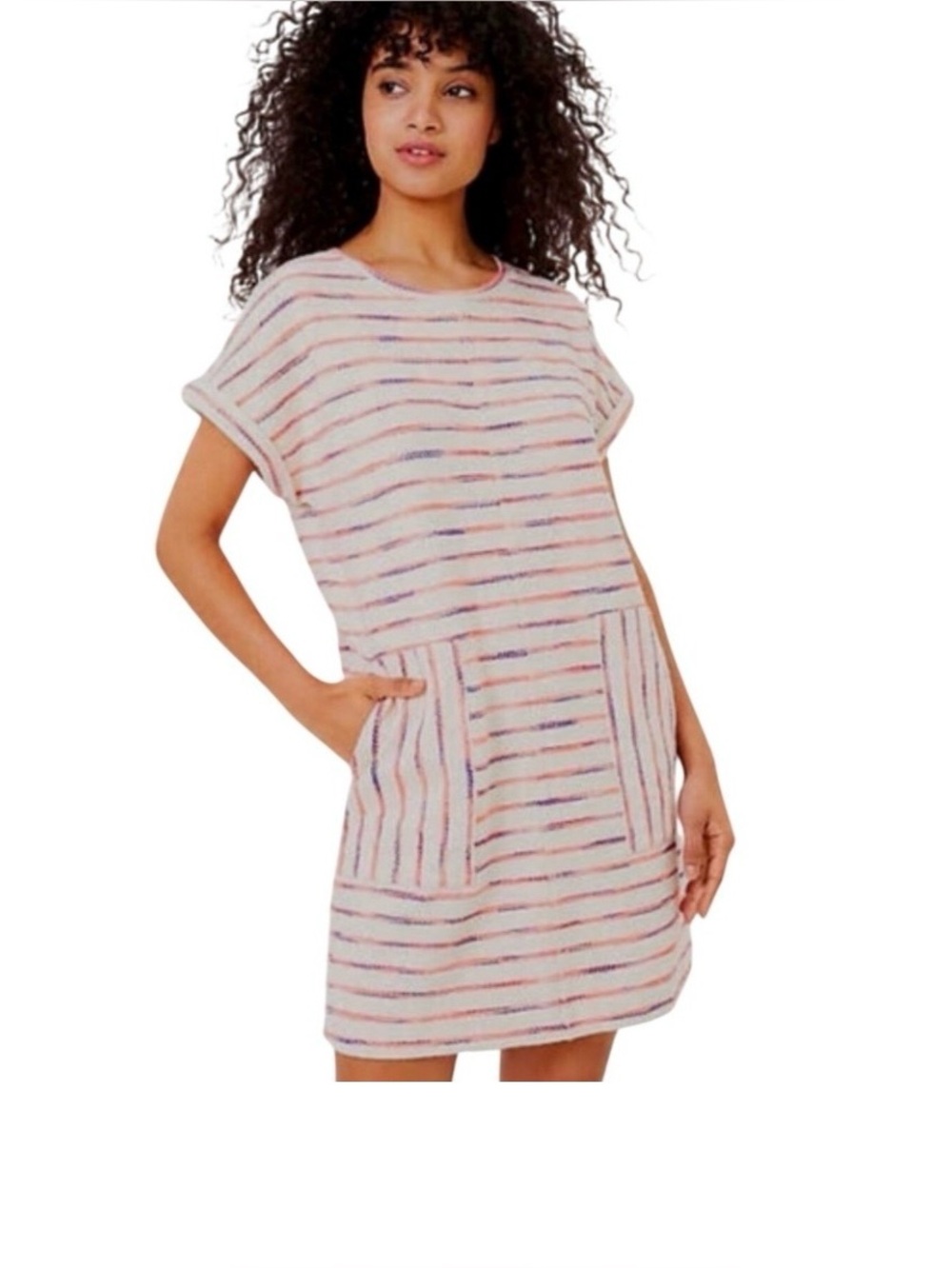Lou & Grey Cream Terry Dress with Neon Orange and Navy Stripes Sz Large
